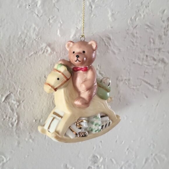 VINTAGE ✨️ Mikasa Bear on Rocking Horse Ornament - Picture 1 of 4